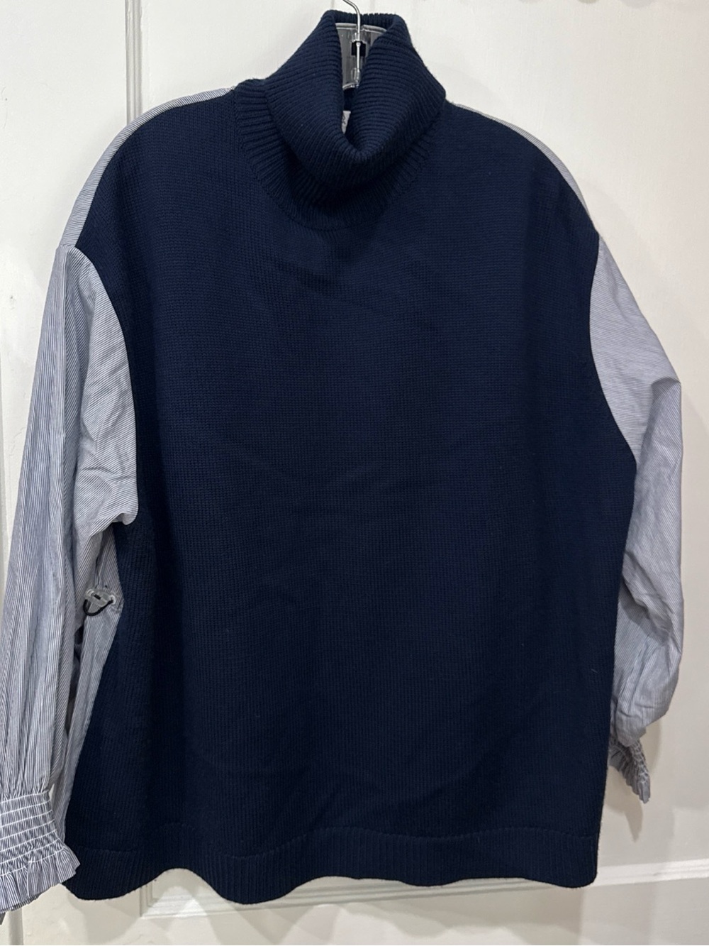 Sea New York Devana Navy Blue Mixed Media Merino Wool Sweater Combo Blouse M